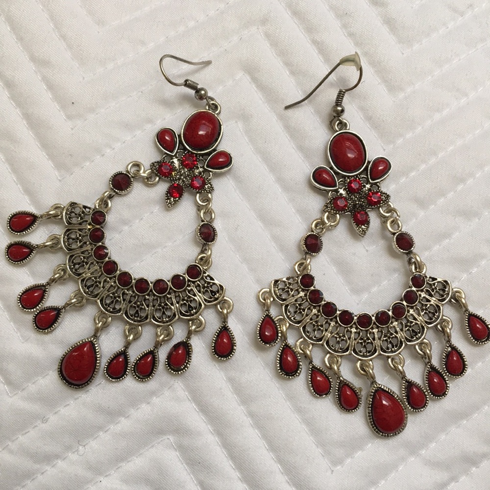 Boho, Spanish Drop Red Stones & Silver Earrings